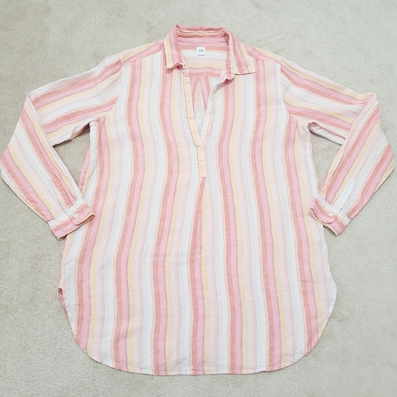 GAP Women’s Popover 100% Linen  Tunic Blouse Pink Multi Stripe Long Sleeve Large - Picture 5 of 11